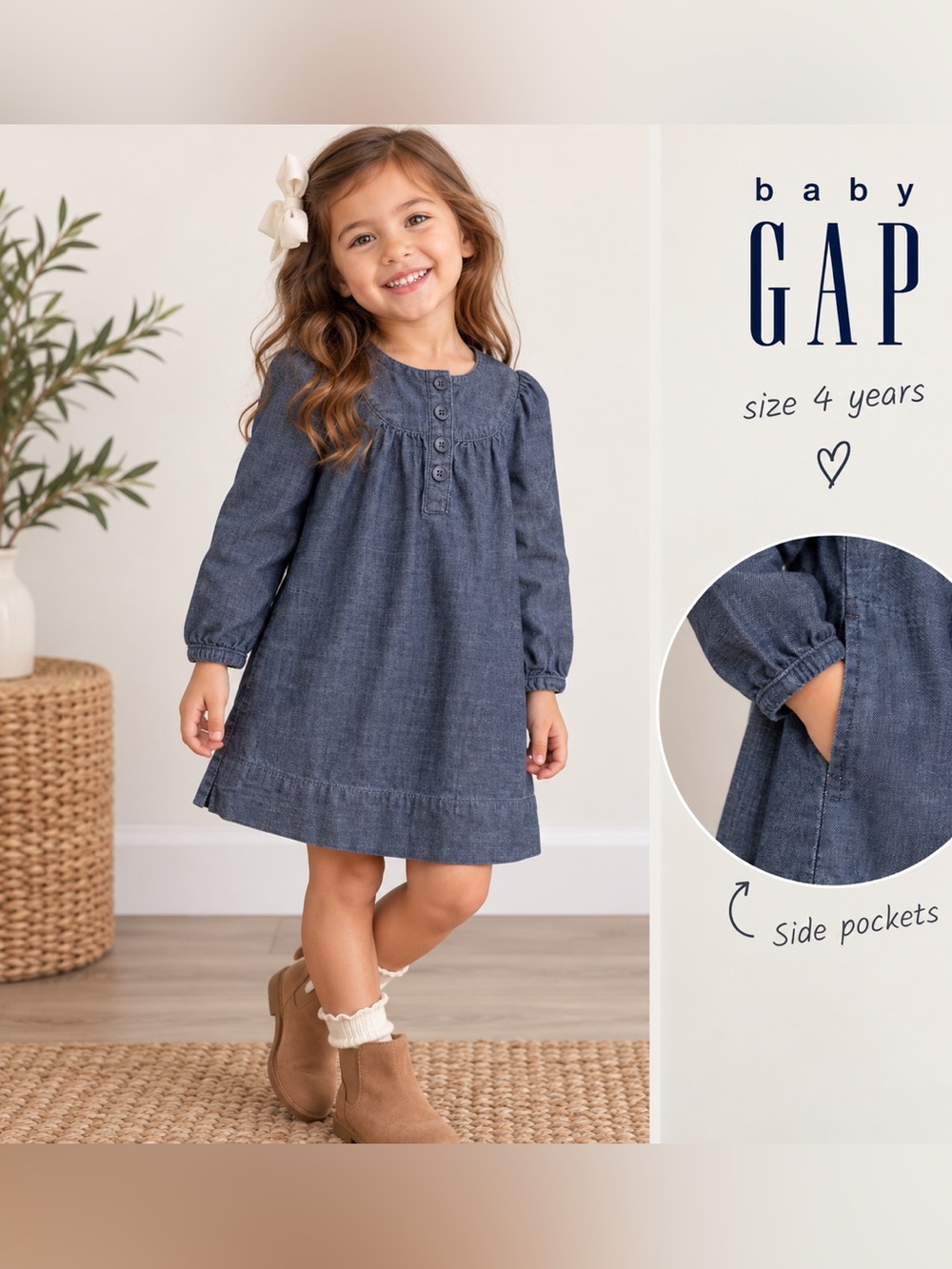 Baby Gap Girls 4T Chambray Denim Dress Long Sleeve Pockets 100% Cotton Preppy